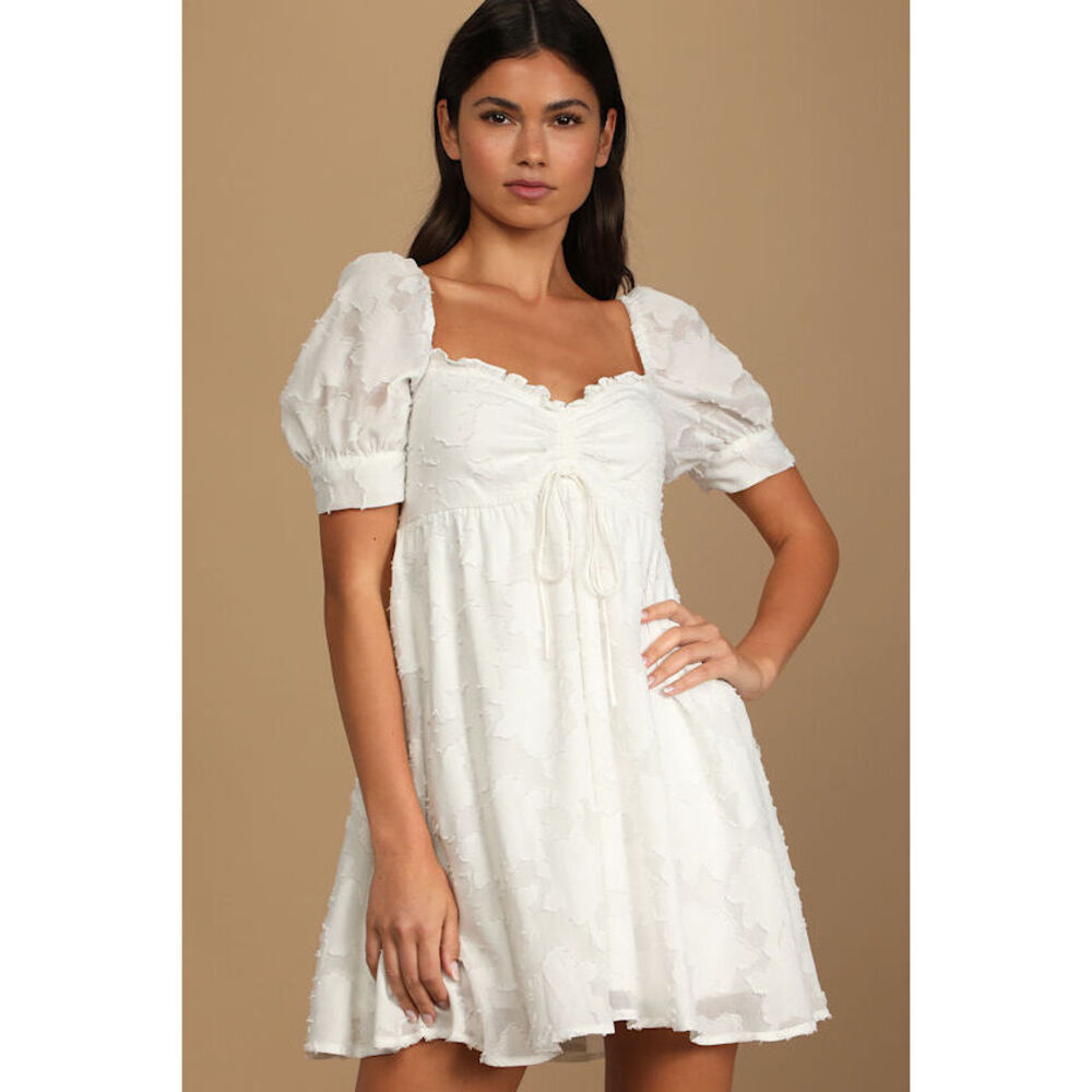 Lulus Never Forget Me White Floral Ruched Babydoll Mini Dress - Size L